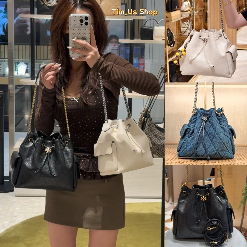 👜ของแท้💯🔥Tory Burch Charlie Bucket bag Shoulder bag กระเป๋าสะพายไหล่ดีไซน์รูดเชือก การเย็บตารางเพชร