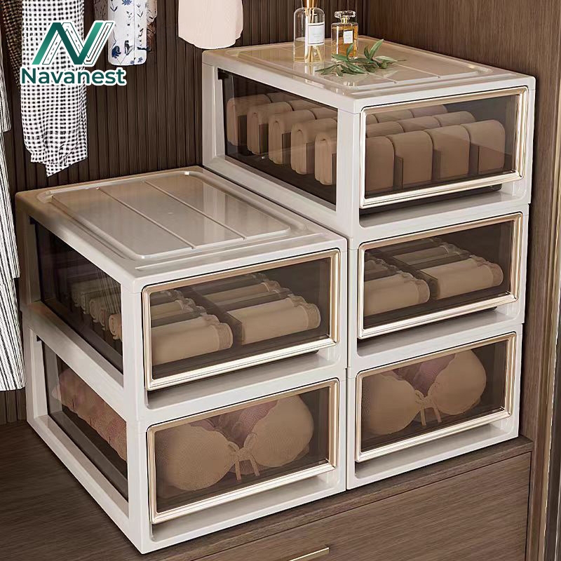 Navanest กล่องเก็บชุดชั้นใน ใช้ในบ้าน ประเภทลิ้นชัก แบ่งช่องภายใน โปร่งใส 3 ใน 1 ชุดชั้นใน กางเกงใน 