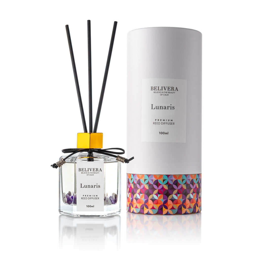 BELIVERA Lunaris Reed Diffuser 100ml ก้านไม้หอมปรับอากาศ พร้อมหินนำโชคปรับพลังงานในบ้าน  Amethyst Ge