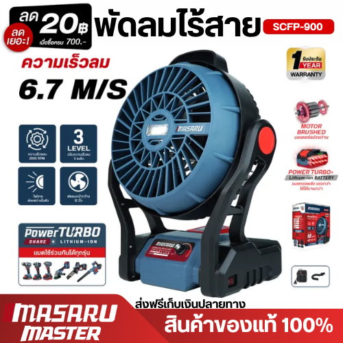 MASARU พัดลมไร้สาย รุ่น SCFP-900 ขนาด 12 นิ้ว พัดลมพกพา พัดลมแบตเตอรี่ พัดลมแคมป์ปิ้ง