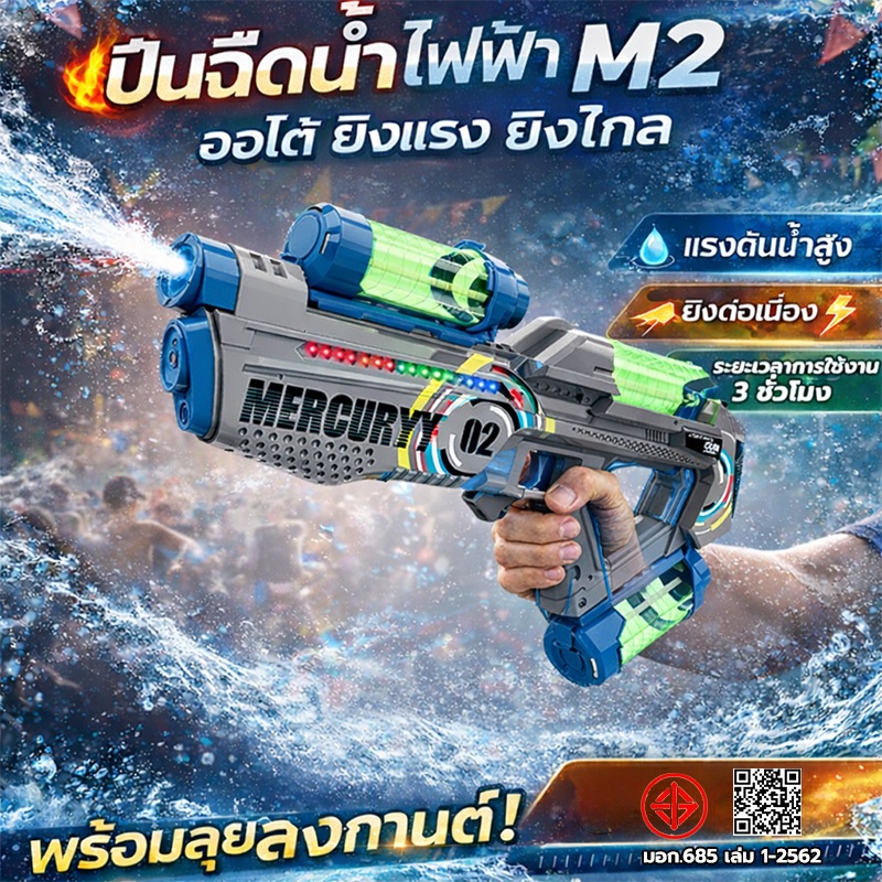 🔫ปืนฉีดน้ำไฟฟ้า M2 ยิงไกล 15M ถังน้ำ 1000ML แรงดันสูง แบตเตอรี่ถอดได้ เล่นสงกรานต์ ของขวัญแว่นตาพร้อมถุงกันน้ำ