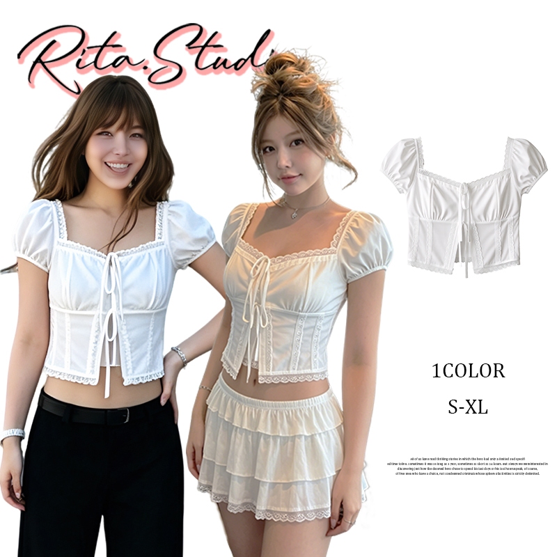 Rita พร้อมส่ง🍒เสื้อครอปท็อปผู้หญิง สีขาว คอกลม/คอเหลี่ยม แขนตุ๊กตา แต่งลูกไม้ มีเชือกผูกหน้า เปิดหน้าได้ ไซส์ S-XL
