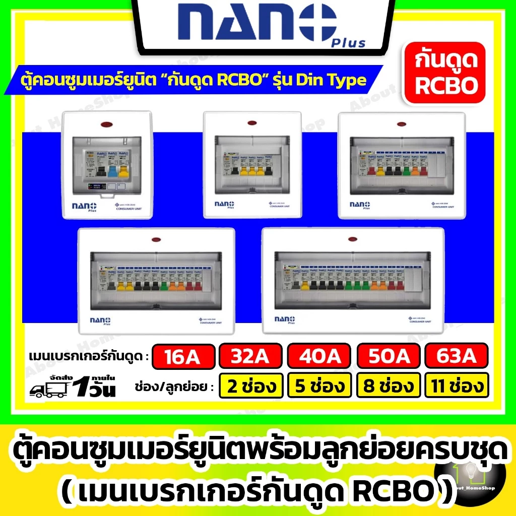 Nano Plus - ตู้คอนซูมเมอร์ยูนิต"RCBO กันดูด" (นาโน ตู้โหลด+เมนเบรกเกอร์กันดูด+ลูกย่อย) 2/5/8/11 ช่อง