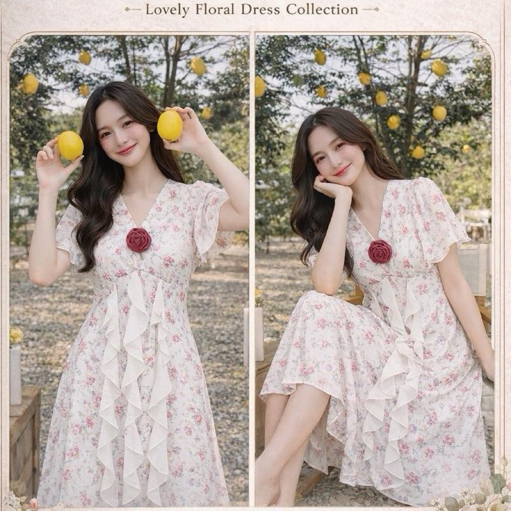 พร้อมส่งแบรนด์ไทยผลิตเอง🇹🇭: Floral Ruffle Dress (รหัสชุดFR7) [ไซส์เล็ก] ชุดยาว47นิ้ว