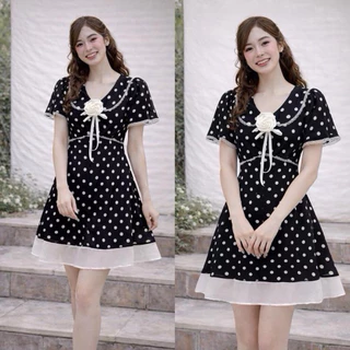 (เผื่อไซส์)พร้อมส่ง🇹🇭 Luna Polkadot Dress [รหัสLP8] เดรสชีฟอง(มีซับใน)ลายจุดสีดำ แถมดอกกุหลาบสีขาว ชุดยาว33นิ้ว