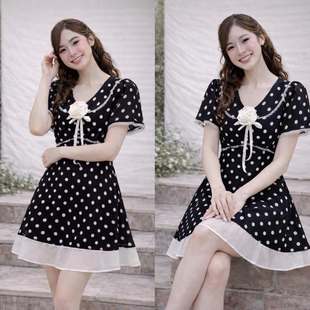 (เผื่อไซส์)พร้อมส่ง🇹🇭 Luna Polkadot Dress [รหัสLP8] เดรสชีฟอง(มีซับใน)ลายจุดสีดำ แถมดอกกุหลาบสีขาว ชุดยาว33นิ้ว