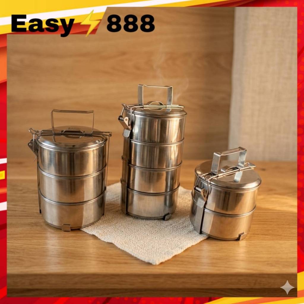 ปิ่นโตสแตนเลส 2 / 3 / 4 ชั้น พร้อมหูหิ้วล็อคแน่น รุ่น Easy 888 กล่องใส่อาหารพกพา แข็งแรง ทนทาน เก็บค