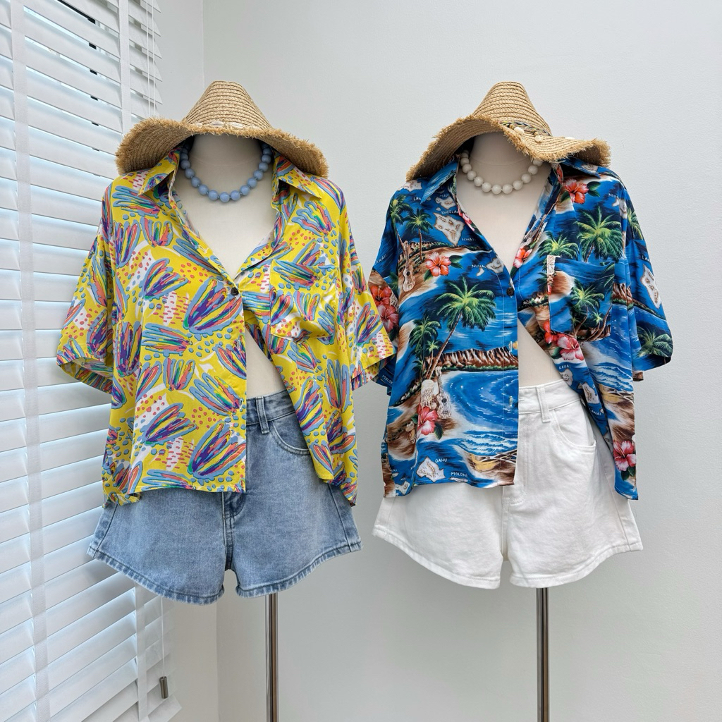 Hawaii shirt เสื้อเชิ้ตฮาวายคอตตอนสปัน เนื้อผ้านิ่ม