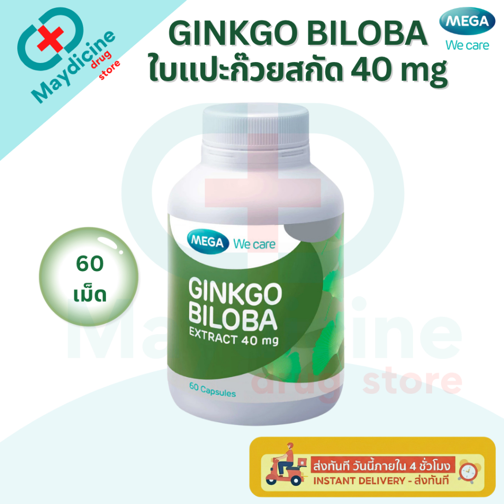 MEGA เมก้า GINKGO BILOBA 40 mg 60 's ใบแป๊ะก๊วยสกัด 40 มก จิงโก บิโลบาสกัด ดูแลสมองและเสริมความจำ 60 เม็ด