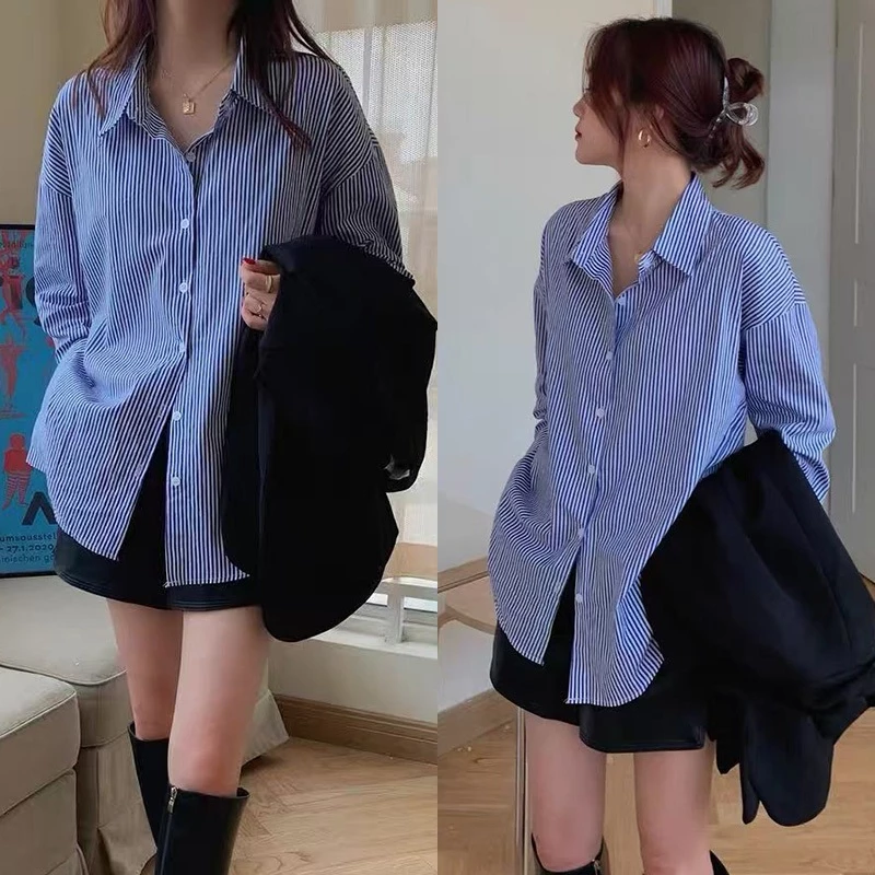 🚚ส่งจากไทย✨เสื้อเชิ้ตผู้หญิง เสื้อเชิ้ตแขนยาว เสื้อเชิ้ตลายทางสีฟ้า ลำลองทรงหลวม แฟชั่นลำลองสไตล์เกาหลี #F062