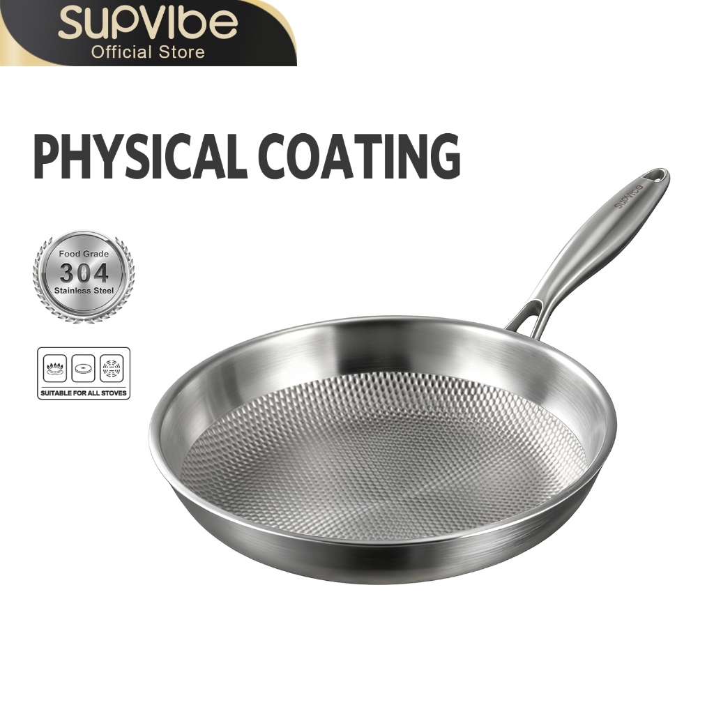 SUPVIBE  กระทะสแตนเลส 304 กระทะผัด 24/26/28cm กระทะไม่ติด 100% ไม่มีการเคลือบ เหมาะสำหรับเตาใดก็ได้