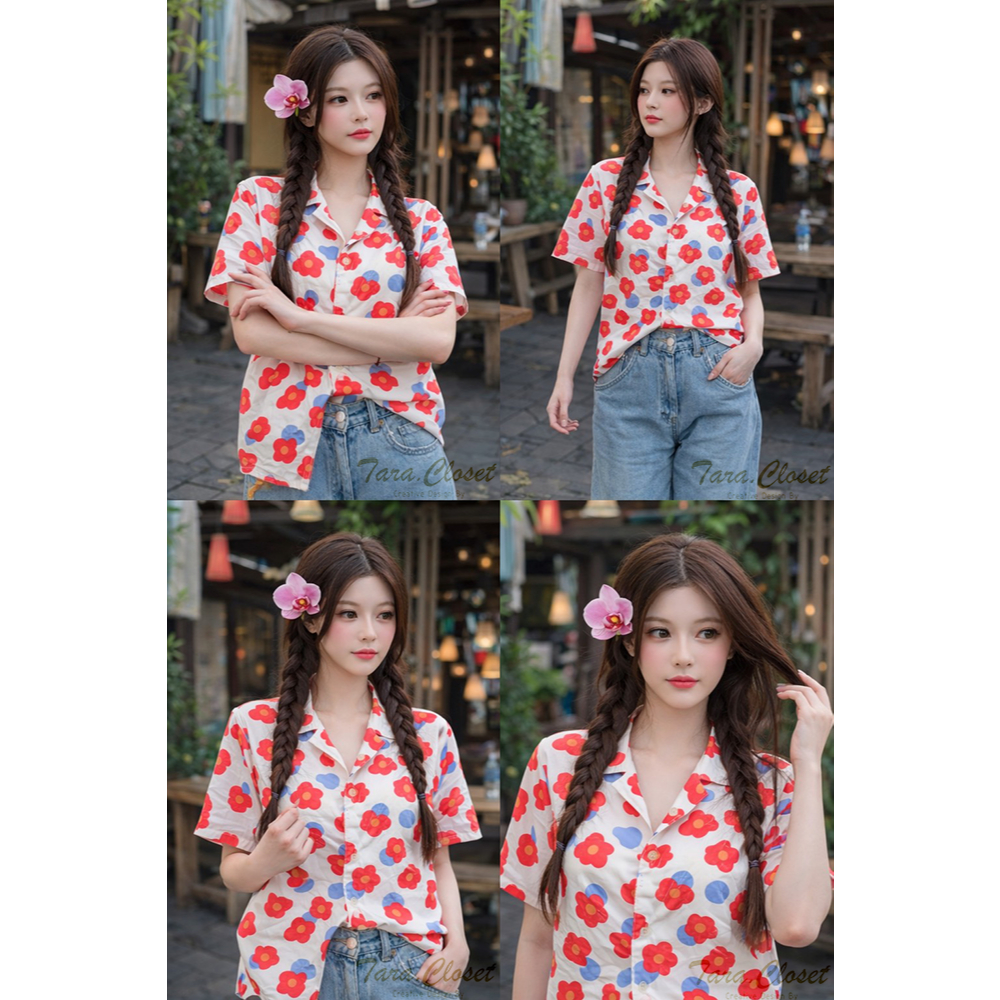 IT058 TARA Shirt เสื้อเชิ้ตปกฮาวาย ลายดอกวินเทจ แขนสั้น กระดุมหน้า เนื้อผ้าไหมอิตาลีพิมพ์ลาย ผ้าดี ใ