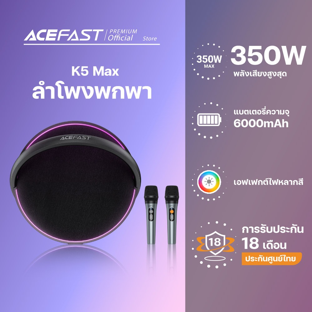 Acefast K5 Series ลำโพงบลูทูธ K5 Pro / K5 Max เสียงดังพลังสูง 100W–350W ไฟ RGB TWS เชื่อมต่อคู่ได้