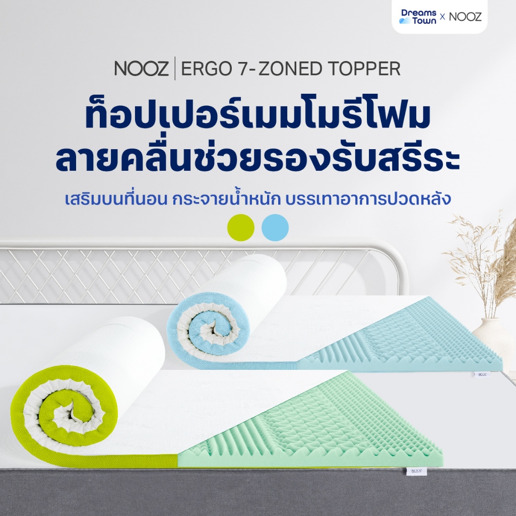 Nooz ท็อปเปอร์เมมโมรี่โฟม ที่รองนอน ออกแบบให้มีลวดลาย รองรับสรีระร่างกาย 7 zone บรรเทาอาการปวดหลัง รุ่น Ergo Series