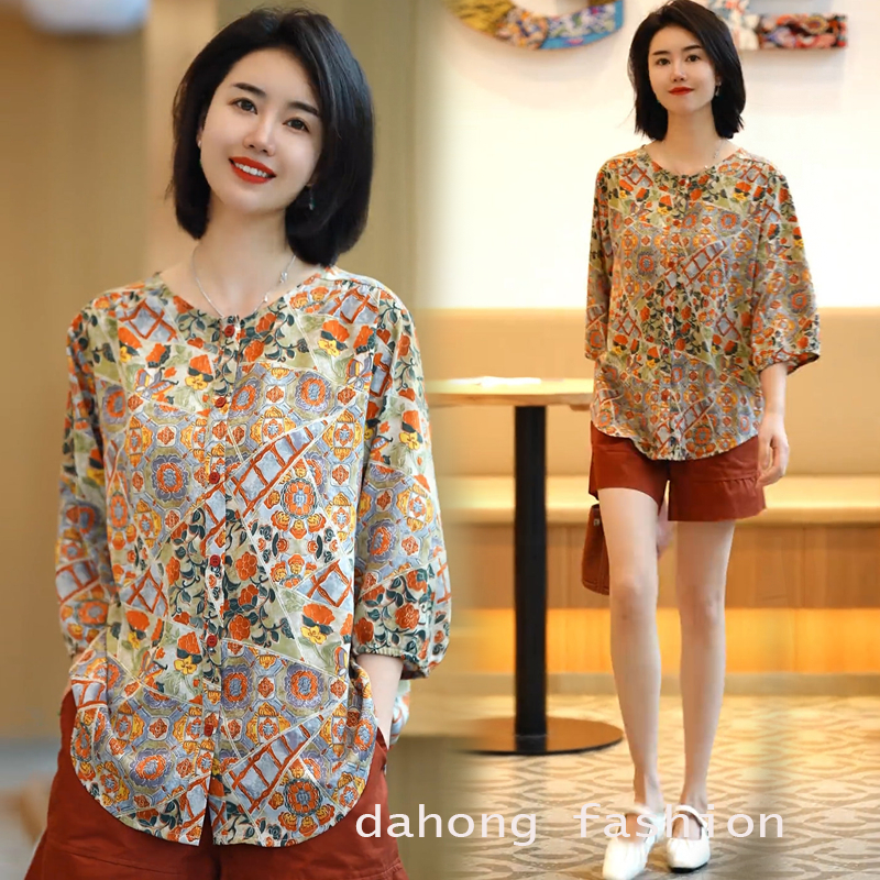Dahong 💖99392 ทพร้อมส่ง！ เสื้อเชิ้ตแขนยาวลายดอก เสื้อท็อปพิมพ์ลายเรขาคณิตแบบแปลกใหม่สำหรับผู้หญิง เห