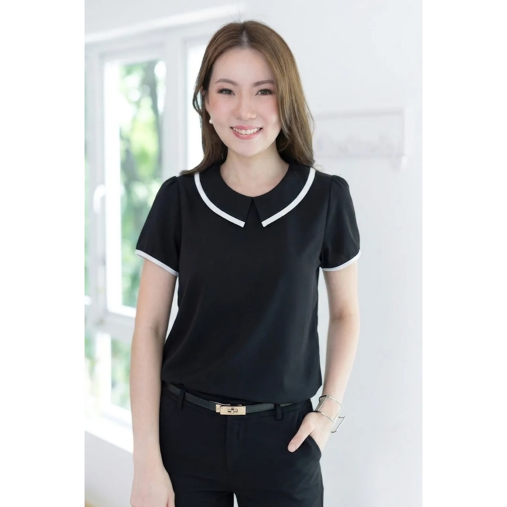 Narinari : MT6610 Point Collar Sophie Blouse เสื้อทำงานสีพื้น