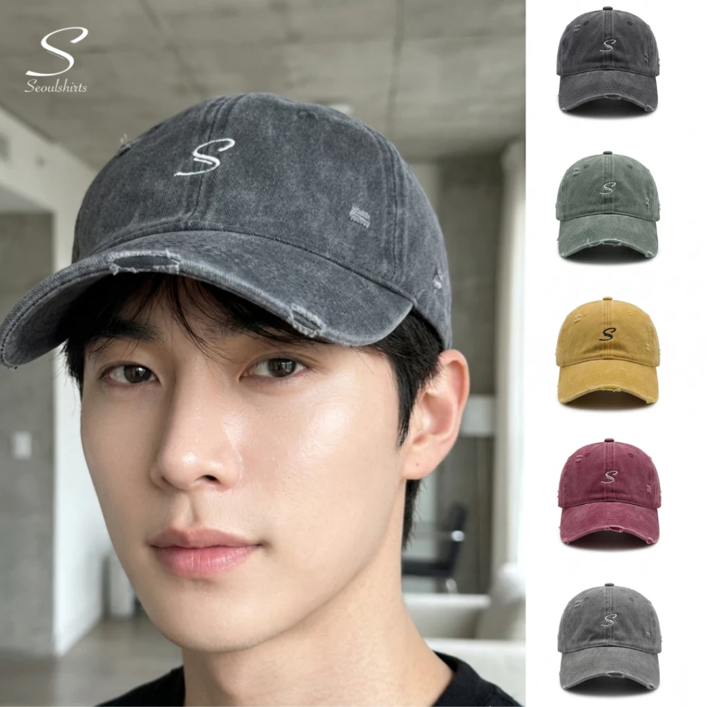 SEOULSHIRTS CAP หมวกแก๊ป ปักโลโก้ สีฟอกแบบขาด ปรับขนาดได้ ใส่ได้ชายและหญิง H4