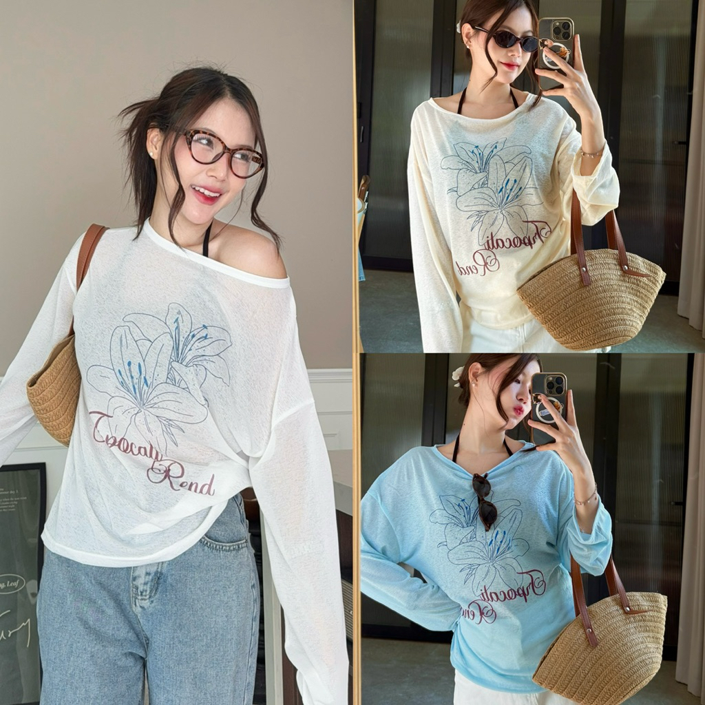 M60-เสื้อเซ็ต 2 ชิ้น เสื้อคลุมบางลายดอก + บาร์คล้องคอสีดำ เสื้อซีทรูเกาหลี สไตล์สายชิล ใส่เที่ยว/ทะเล/คาเฟ่