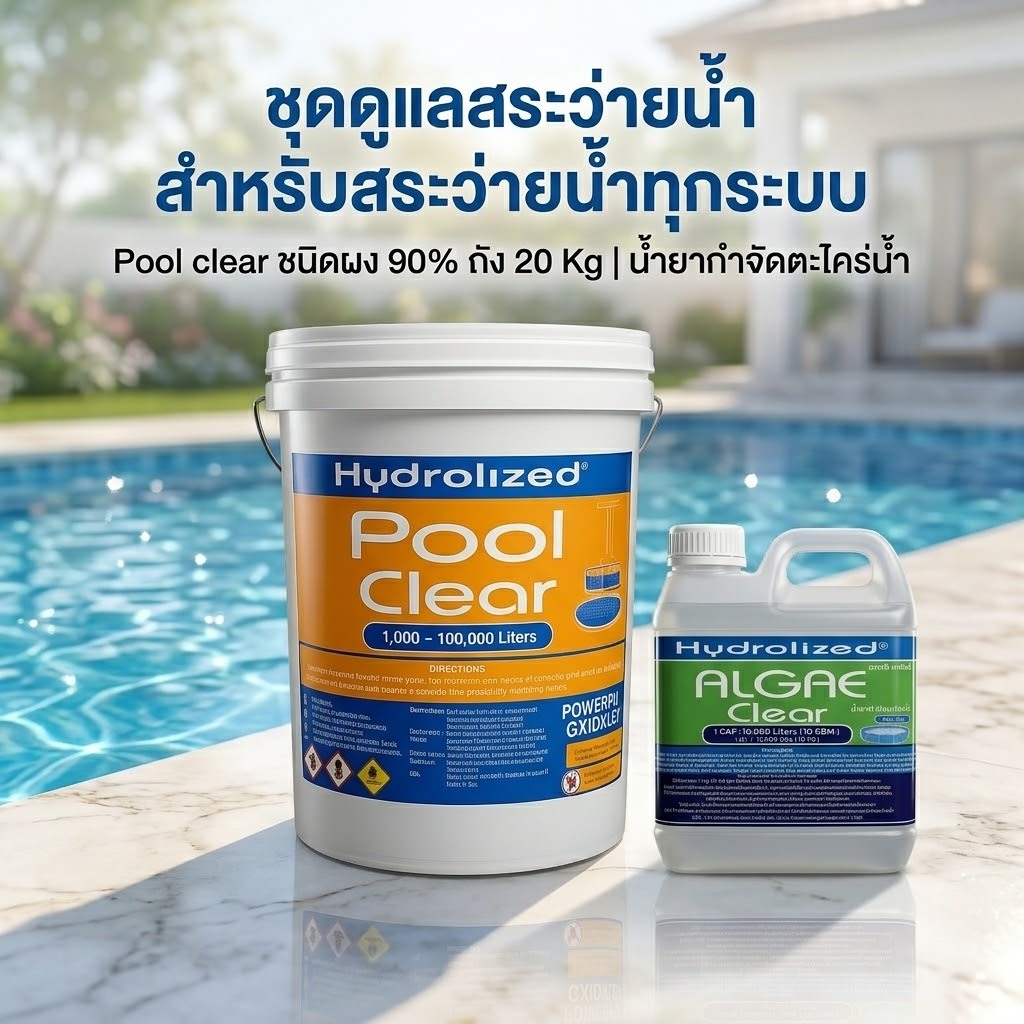 คลอรีนสระว่ายน้ำ ถัง 20 กิโลฯ แบบผงละเอียด + น้ำยากำจัดตะไคร่น้ำ 1000 ML สำหรับสระว่ายน้ำ
