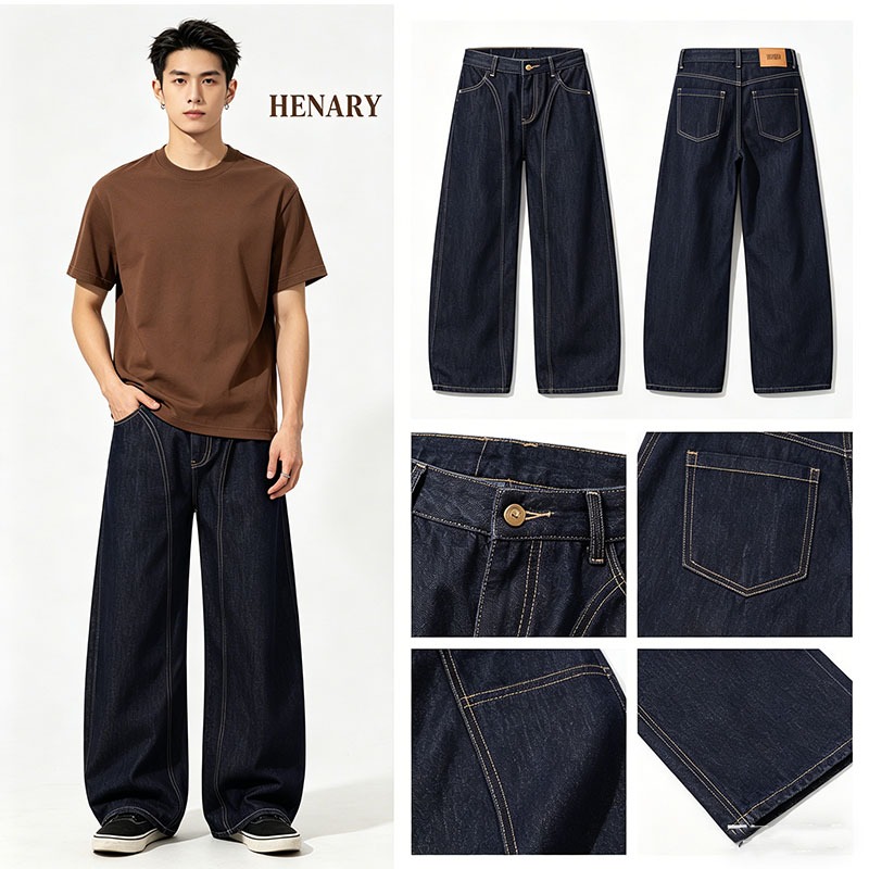 กางเกงยีนส์ผู้ชาย ขากว้าง ทรงกระบอก baggy jeans สียีนส์ดิบ สไตล์สตรีท สไตล์เกาหลี ไซส์ใหญ่ M-3XL