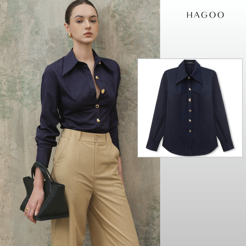 HAGOO เสื้อเชิ้ตแขนยาว ดีไซน์กระดุมตกแต่ง ผ่าหลัง ลุคสุภาพ [A8009]
