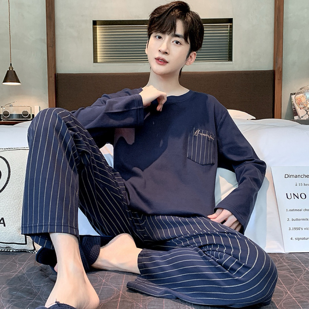 ชุดนอนผู้ชาย แขนยาวขายาว ผ้าคอตตอนสเปนเด็กซ์ ผ้าไม่บาง งานดีไม่ย้วย  M027-1