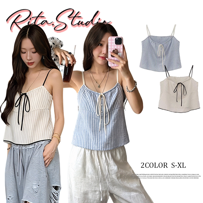 Rita พร้อมส่ง🍒เสื้อสายเดี่ยวลายทางผ้าบางเบา ผูกโบว์คอ มีกระดุมหน้าเชือกรูดได้  สไตล์เกาหลี สาวๆใส่สวยๆ ใส่ไปเที่ยว/ทำงาน