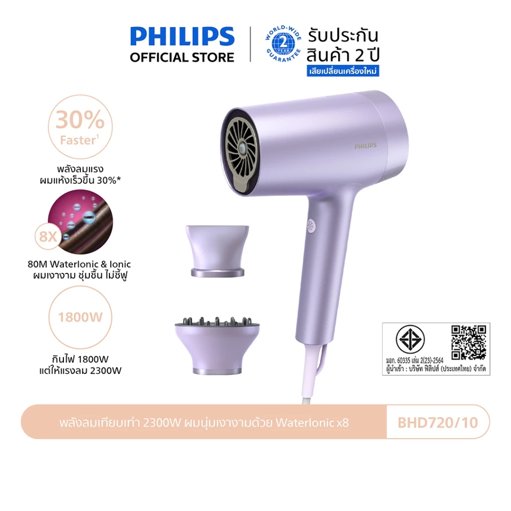 Philips ฟิลิปส์ ไดร์เป่าผม พลังลมเทียบเท่า 2300W ผมนุ่มเงางามด้วย Water&Mineral ไอออนิค x8 รุ่น BHD720/10