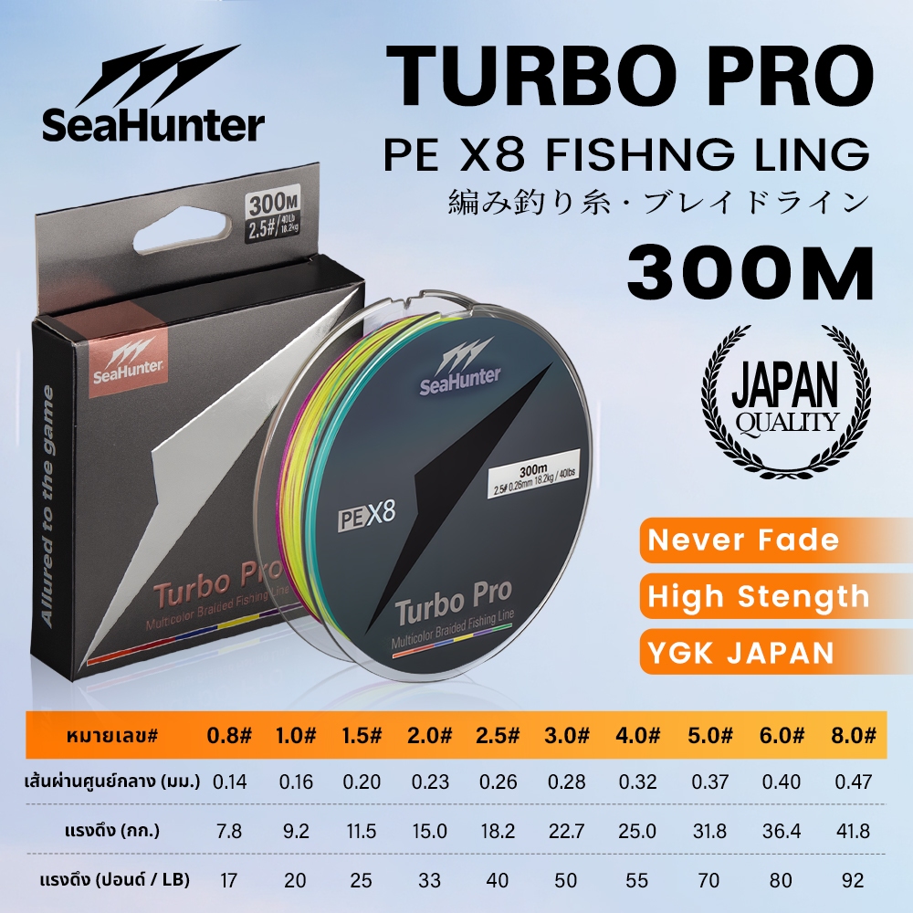 SeaHunter Turbo Pro สาย PE ถัก 8 เส้น หลากสี  ยาว 300เมตร แรงดึง 7.8–41.8 กก. ลื่น แบ่งสีทุก 10 เมตร เหนียว ทนทาน