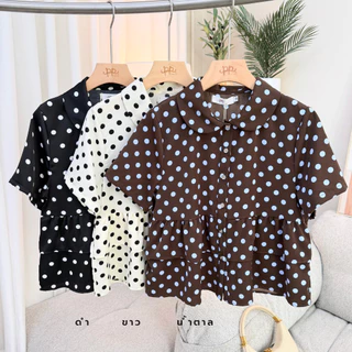 POI Polkadot เสื้อคอปกผ้าเจลลี่ระบายชายลายจุด ใส่สบาย L023D7