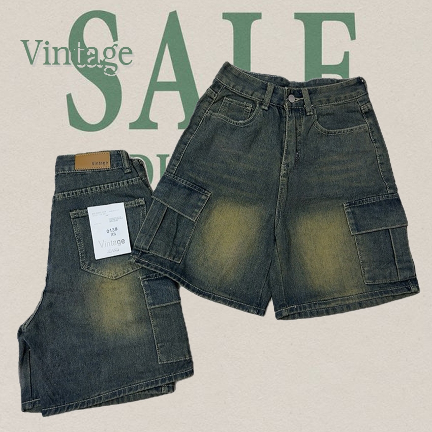 Vintage รุ่น 013 กางเกงยีนส์ ขาสั้น คาร์โก้ แต่งเฟดขา ทรงสวย ผ้าไม่ยืด กระเป๋าตรง 2 ใบ