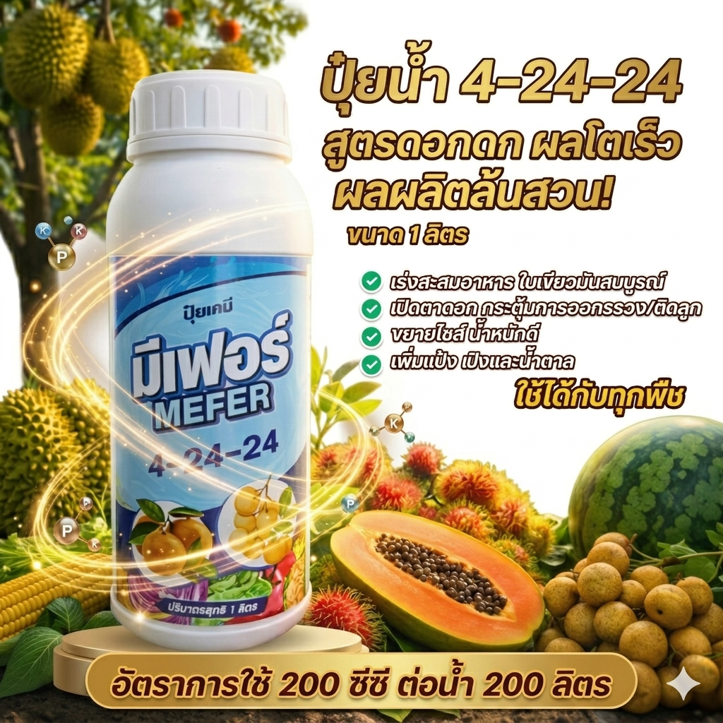 ปุ๋ยน้ำ มีเฟอร์ 4-24-24 ขนาด 1 ลิตร สูตรเปิดตาดอก เร่งออกดอก บำรุงผล ใช้ได้ทุกพืช