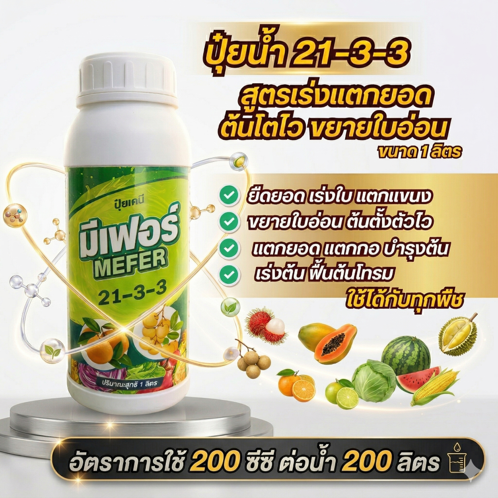 ปุ๋ยน้ำ มีเฟอร์ 21-3-3 ขนาด 1 ลิตร ต้นตั้ง ใบเขียวเข้ม แตกยอด อ่อนแตกใบอ่อน ขยายใบ ใช้ได้ทุกพืช
