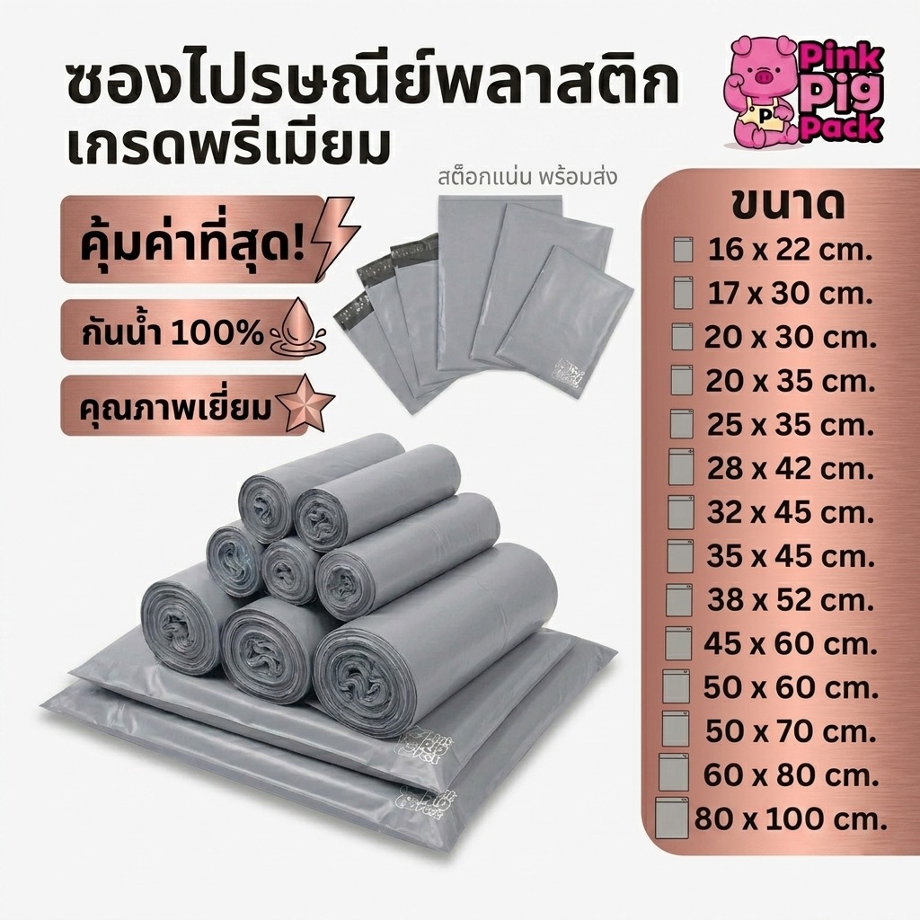 [ถูกที่สุด] PinkPigPack ถุงพัสดุสีเทาขาว ไม่จ่าหน้า มีกาวในตัว คุ้มค่ามาก ไซส์เยอะมาก สีเทา