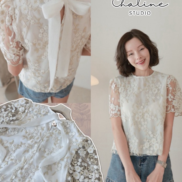 พร้อมส่ง Chaline เสื้อลูกไม้คอตตอนผ้าปักลายดอกสวยงามในเนื้อผ้า แต่งโบว์ผ้าออแกนซ่า