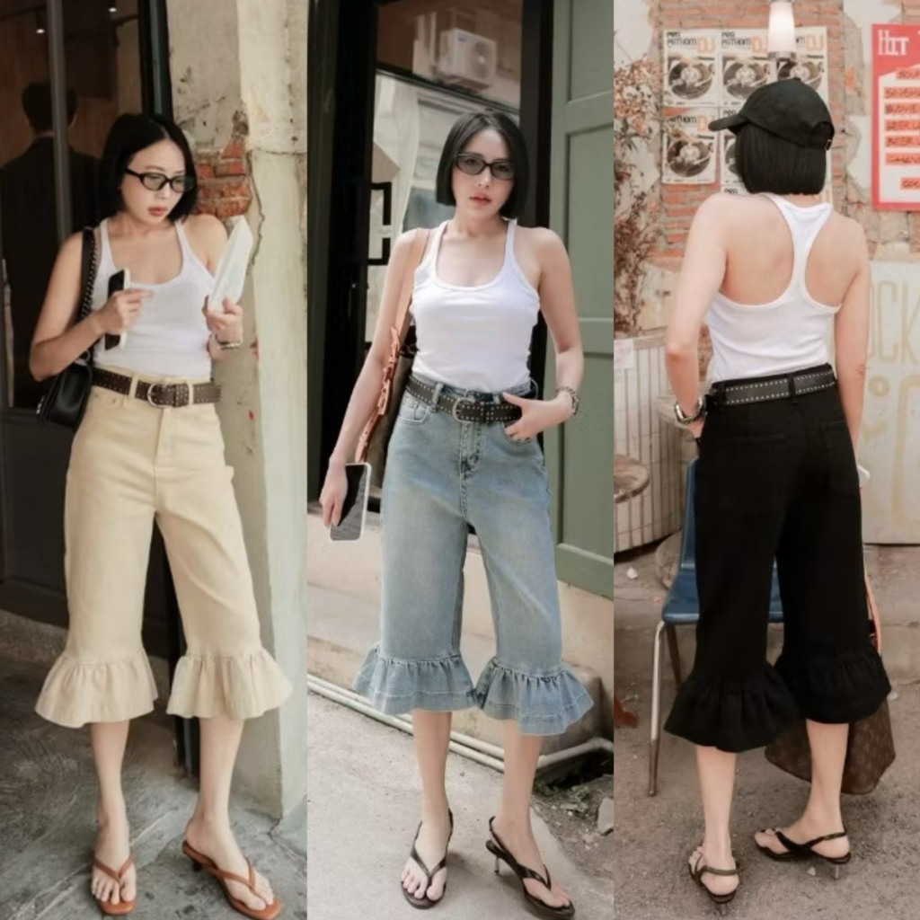 A707 Ruffled Cropped Jeans กางเกงยีนส์ยืด5ส่วนแต่งชายระบาย งานป้าย DARIM 🇰🇷