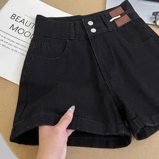 S~5XL A-line straight shorts Blue Black กางเกงขาสั้นเอวสูงดีไซน์กระดุมสองแถวสีน้ำเงินสุดเก๋ กางเกงยีนส์ขาสั้นทรงหลวม HOT