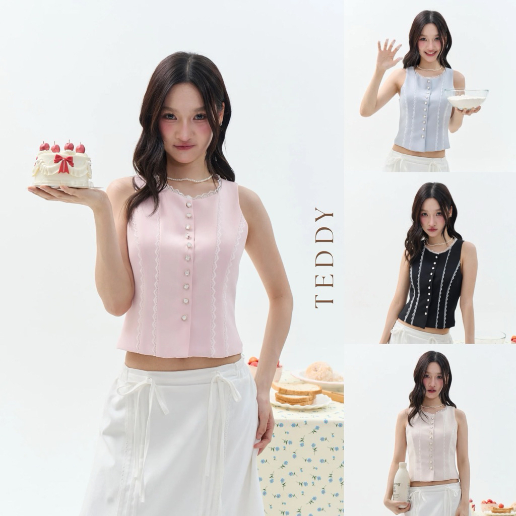 TEDDY TOP (เฉพาะเสื้อ) เสื้อแขนกุดตัดดีเทลลูกไม้เพิ่มความ feminine ผ้านิ่มอัดกาวทั้งตัว อยู่ทรงสวย