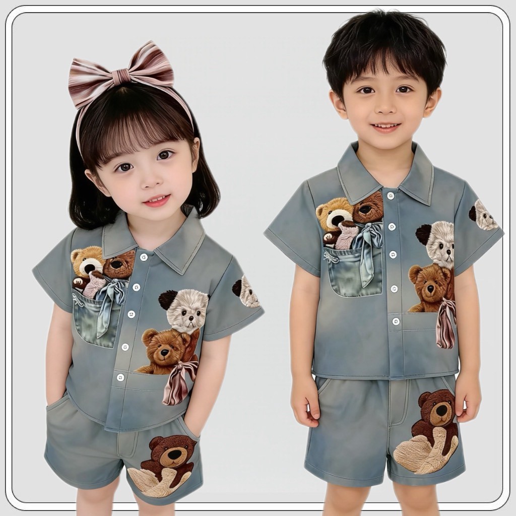 MC239 ชุดเด็กยีนส์เทียม แต่งตุ๊กตาหมี เสื้อผ้าเด็กน่ารัก ใส่ออกงาน ใส่เที่ยวได้