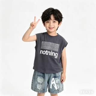 MC243 ชุดแฟชั่นเด็กผู้ชาย 2 ชิ้น เสื้อสีเทา กางเกงยีนส์ ใส่สบาย