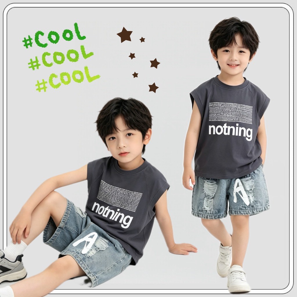 MC243 ชุดแฟชั่นเด็กผู้ชาย 2 ชิ้น เสื้อสีเทา กางเกงยีนส์ ใส่สบาย