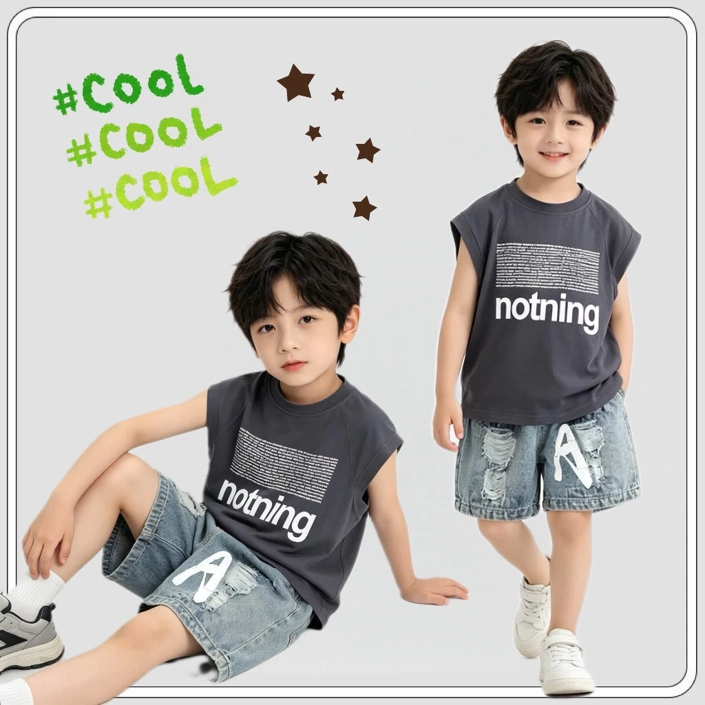 MC243 ชุดแฟชั่นเด็กผู้ชาย 2 ชิ้น เสื้อสีเทา กางเกงยีนส์ ใส่สบาย
