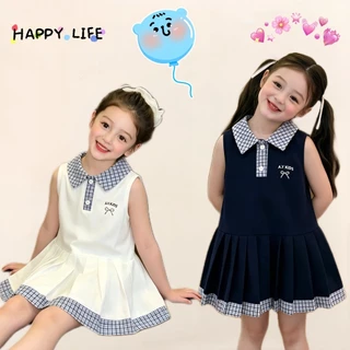 AY244 เดรสเด็กหญิงทรงเจ้าหญิง คอปกน่ารัก ผ้าใส่สบาย สีขาว กรมท่า