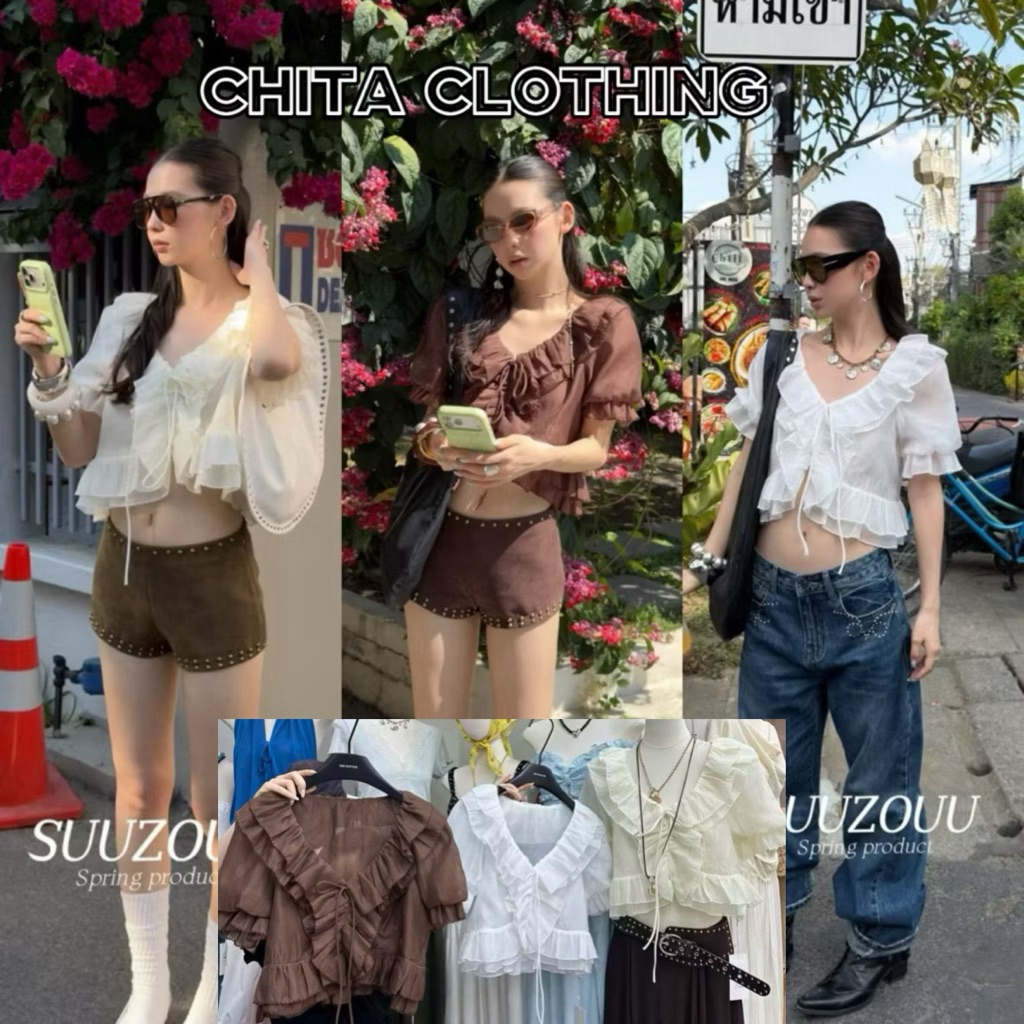 📍พร้อมส่ง📍SU117 26c🇰🇷เสื้อคอวีแขนสั้น แต่งผ้าไล่เป็นชั้น แต่งโบว์ช่วงอก งานน่ารักมากๆ Tag MMfish🇰🇷