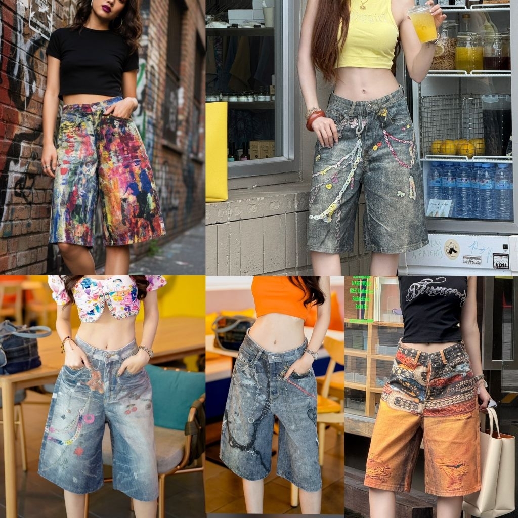 กางเกงยีนส์ขาสั้น 5ส่วนพิมพ์ลาย3D ป้ายback up(หลายเยอะมาก)