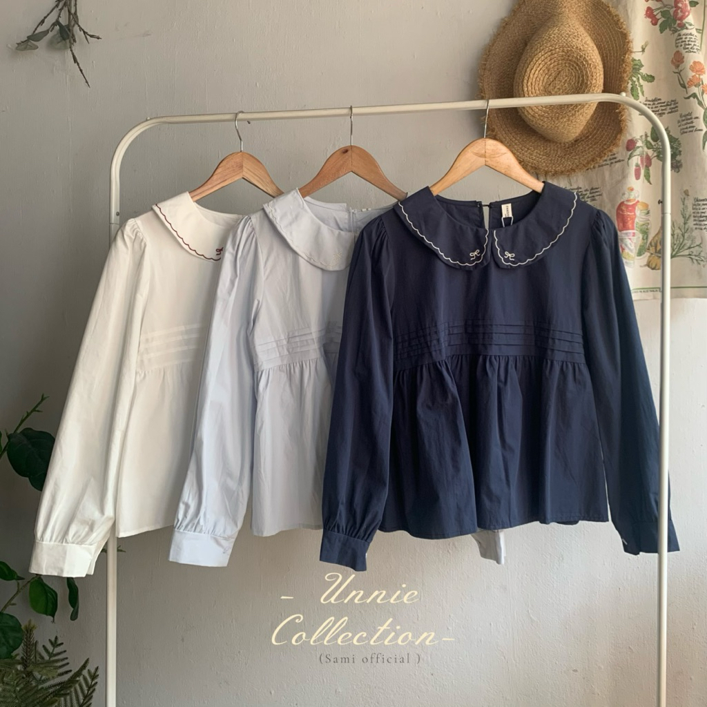 Unniestyle ( a02) เสื้อปกคอบัว ปักลายโบว์ ทวิตช่วงอก แต่งปักคัดเวริ์คลายก้อนเมฆสุดคิ้วท์ ☁️☁️ ทรงแขนเชิ้ต ผ้าcotton 100%