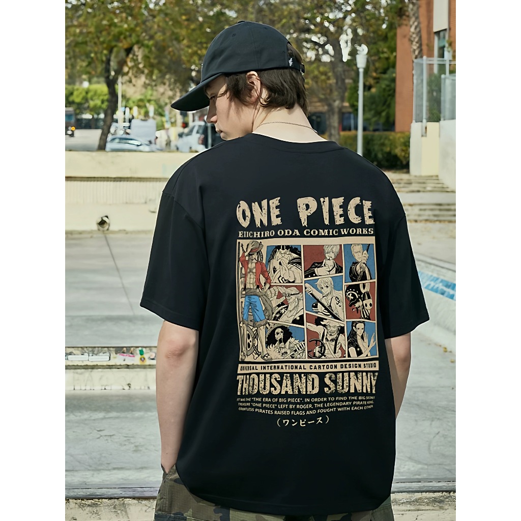 เสื้อยืด oversize "OnePiece Luffy" สกรีนหน้าหลัง ลายการ์ตูนอนิเมะญี่ปุ่น แขนสั้น คอกลม เสื้อผ้าสไตล์ญี่ปุ่น