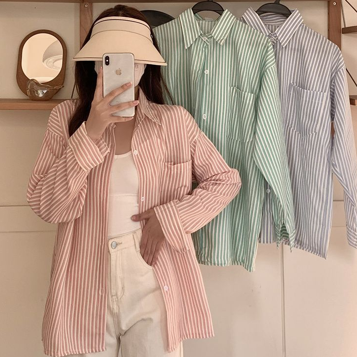 เสื้อเชิ้ตลายทางสำหรับผู้หญิง, เสื้อคลุมแขนยาวทรงหลวม, เสื้อคอโปโล