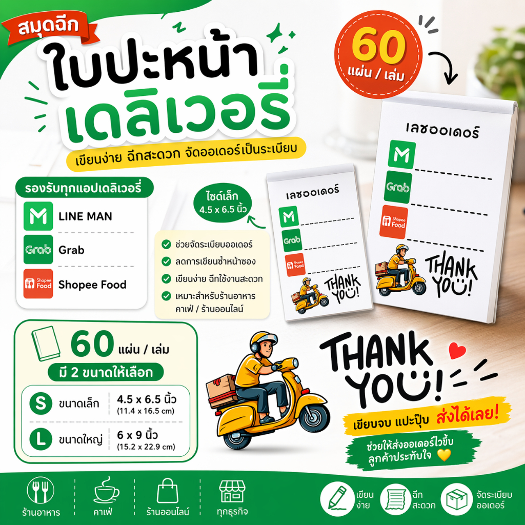 ใบปะหน้าเดลิเวอรี่ สำหรับร้านอาหารเดลิเวอรี่ ไม่มีเครื่องปริ้นก็จัดการออเดอร์ได้ง่าย เขียนมือ แยกแพลตฟอร์มชัด