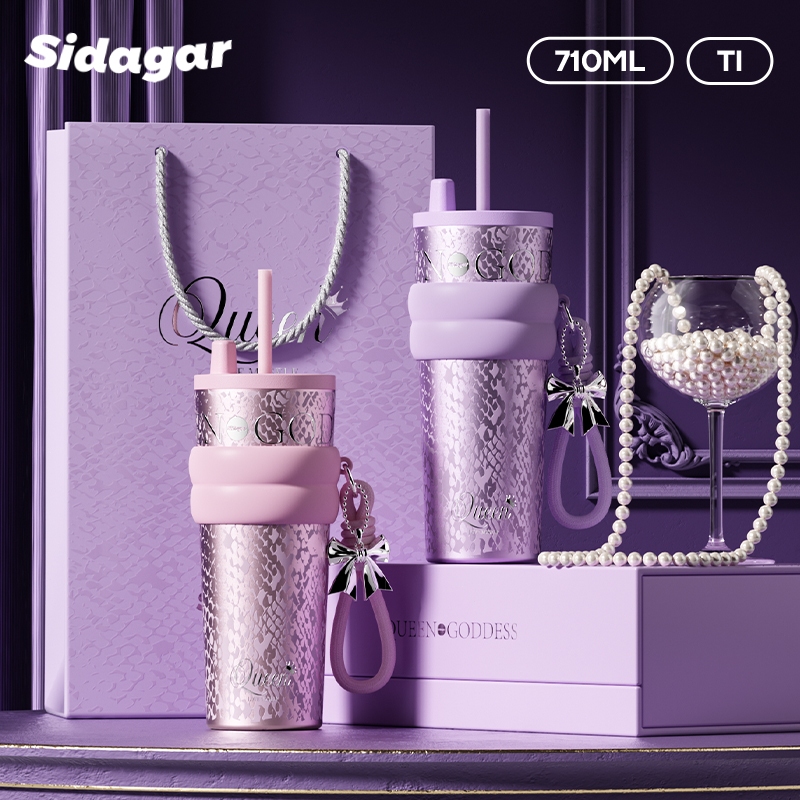 Sidagar แก้วเก็บความเย็น 99.99% Ti ไทเทเนียม แก้ว 710 ML พร้อมหลอดดูด แก้วน้ํา นําถุงของขวัญ